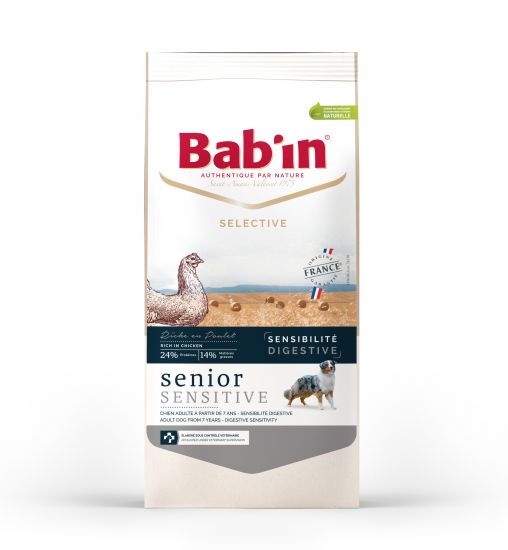 Croquette Bab'in senior sensitive digestive gamme sélective au poulet chien +7ans